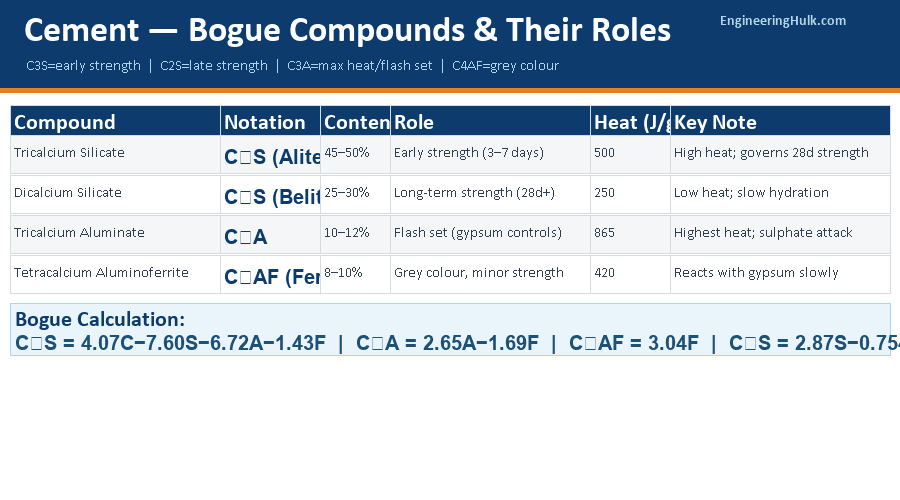 Cement Bogue compounds comparison table — C3S C2S C3A C4AF roles, heat of hydration, Bogue calculation formulas